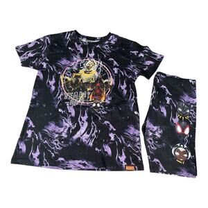 Marvel Logo Kids T-Shirt and Shorts Set Teams Up Size XL 14 Black Purple Yellow
